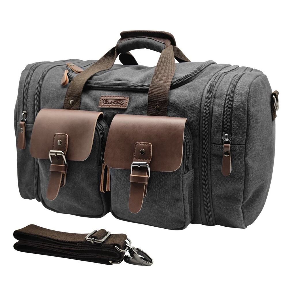 Wildroad 60L Expandable Canvas Travel Duffel Bag Leather-Trim Weekender Brwn/grn